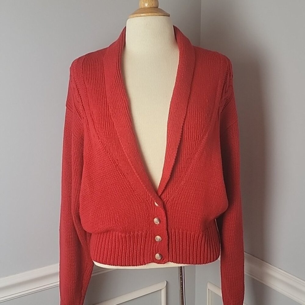 CRAZY‎ HORSE Red Grandpa Collared Deep V-Neck Knit Button Cardigan Sweater L VTG